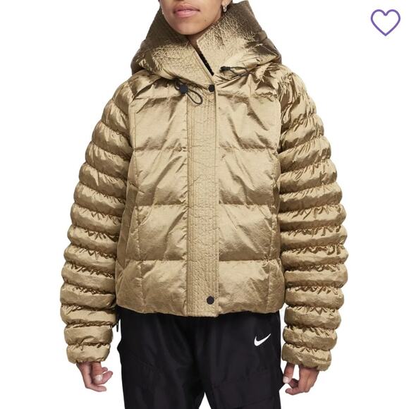 Nike Sportswear Women's Swoosh Puffer Shine PrimaLoft Jacket Large Gold Metallic